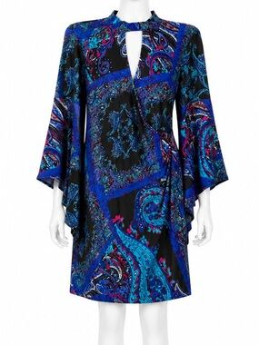 Blue Paisley V-Neck Bell-Sleeve Dress